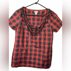 J.CREW Plaid Eliza Tee Blouse Shirt Silk Red Black Necklace Top Sz 2